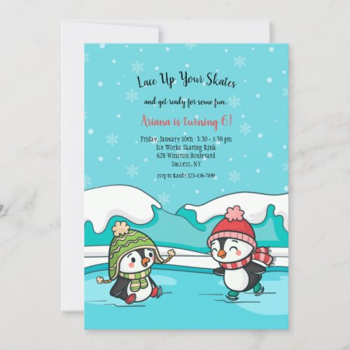 Ices Skating Penguins Birthday Party Invitation