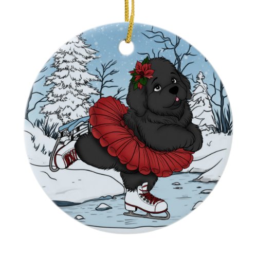 Iceskating Newfoundland Puppy Winter Wonderland Ceramic Ornament