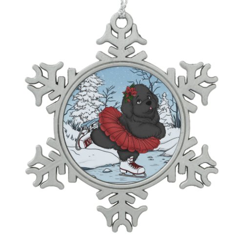 Iceskating Newfoundland Puppy Winter Wonderland Snowflake Pewter Christmas Ornament
