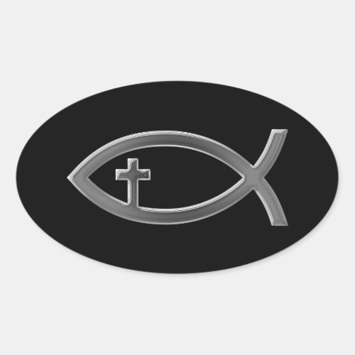 Ichthus _ Christian Fish Symbol with Crucifix Oval Sticker