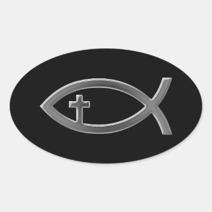 Ichthus - Christian Fish Symbol with Crucifix Oval Sticker