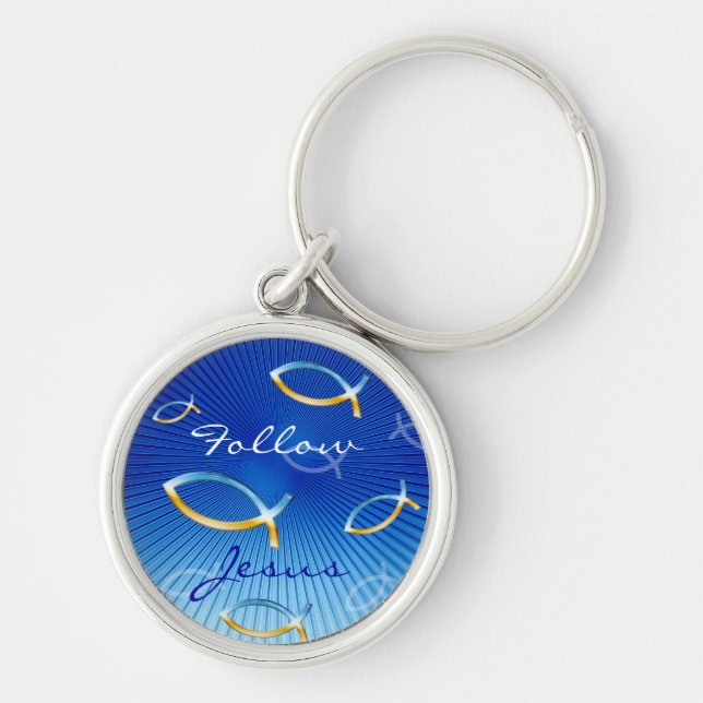 Ichthus Pattern on Blue Background Keychain (Front)