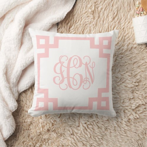 ICN Light Pink Greek Key Script Monogram Throw Pillow