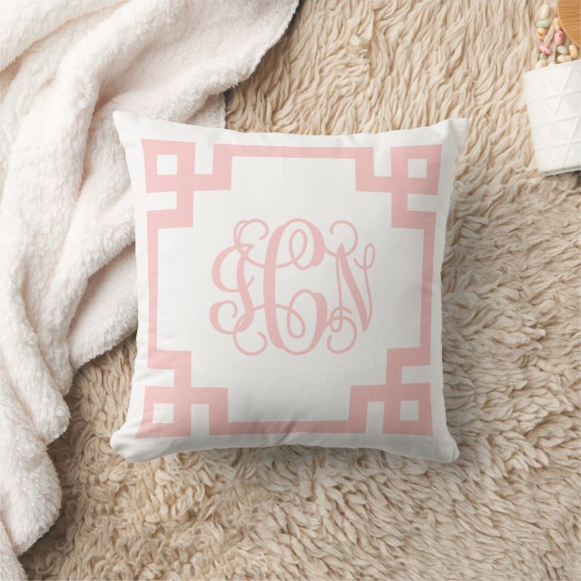 ICN Light Pink Greek Key Script Monogram Throw Pillow (Blanket)