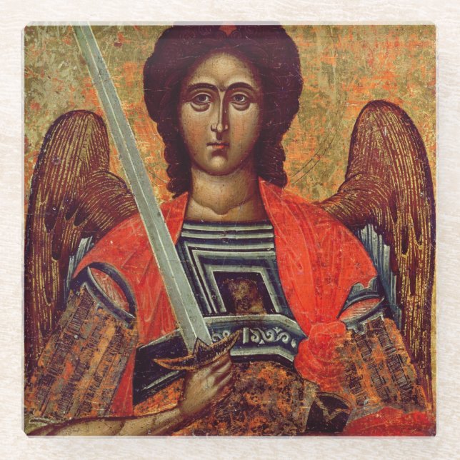 Icon of the Angel Michael, Greek, 18th century Glass Coaster (Front)