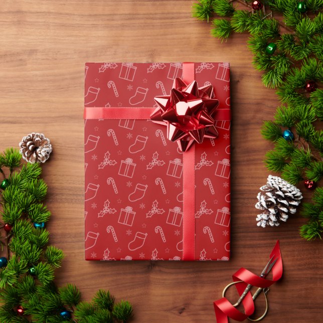 Icon Patterned Christmas Red Wrapping Paper (Holiday Gift)