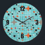 Iconic 1950's Atomic Starburst Retro Design Large Clock<br><div class="desc">Stylish on trend pattern inspired by retro modern mid century designs with atomic starburst shapes on a white basket weave  in tones of orange,  gray,  turquoise,  black and white</div>
