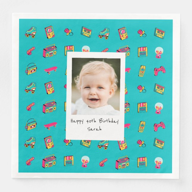 Iconic 90's 40th Birthday Dinner Napkin with photo (Front)
