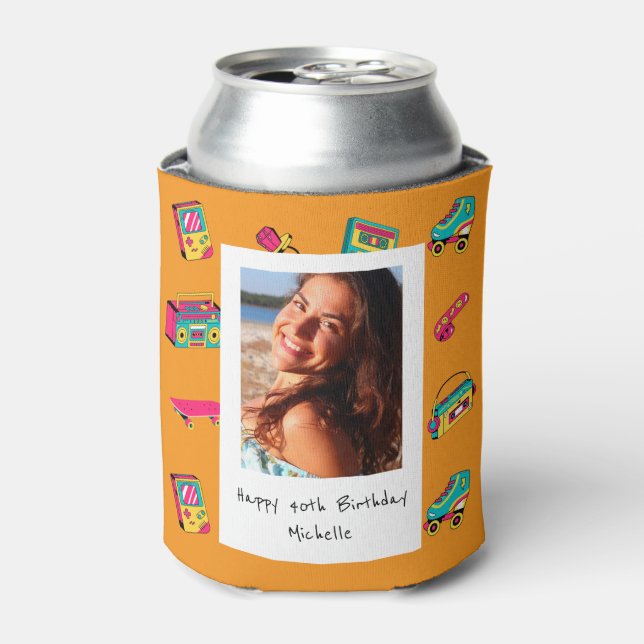 Iconic 90's Birthday Gift, orange with photo Can Cooler (Can Front)