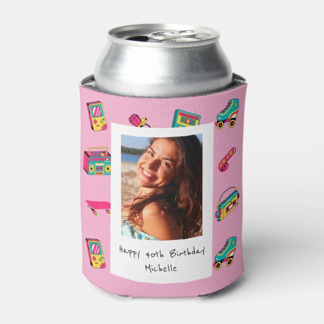 Iconic 90's Birthday Gift, pink with photo Can Cooler (Can Front)