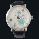 Iconic Atomic Starbursts Leather Watch<br><div class="desc">This Iconic Atomic Starbursts Leather Watch pattern features iconic atomic starbursts. That’s right! The old school, cream colored background with gold speckles is the perfect backdrop for the vibrant turquoise, soothing celery, and kitschy pear green colored circles. The spots of color are sporadically placed in various sizes with overlaying black...</div>