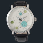 Iconic Atomic Starbursts Leather Watch<br><div class="desc">This Iconic Atomic Starbursts Leather Watch pattern features iconic atomic starbursts. That’s right! The old school, cream colored background with gold speckles is the perfect backdrop for the vibrant turquoise, soothing celery, and kitschy pear green colored circles. The spots of color are sporadically placed in various sizes with overlaying black...</div>