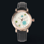 Iconic Atomic Starbursts Leather Watch<br><div class="desc">This Iconic Atomic Starbursts Leather Watch pattern features iconic atomic starbursts. That’s right! The old school, cream colored background with gold speckles is the perfect backdrop for the vibrant turquoise, soothing celery, and kitschy pear green colored circles. The spots of color are sporadically placed in various sizes with overlaying black...</div>