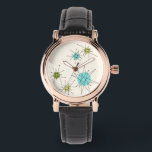 Iconic Atomic Starbursts Leather Watch<br><div class="desc">This Iconic Atomic Starbursts Leather Watch pattern features iconic atomic starbursts. That’s right! The old school, cream colored background with gold speckles is the perfect backdrop for the vibrant turquoise, soothing celery, and kitschy pear green colored circles. The spots of color are sporadically placed in various sizes with overlaying black...</div>