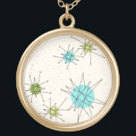 Iconic Atomic Starbursts Round Necklace<br><div class="desc">This Iconic Atomic Starbursts Round Necklace pattern features iconic atomic starbursts. That’s right! The old school, cream colored background with gold speckles is the perfect backdrop for the vibrant turquoise, soothing celery, and kitschy pear green colored circles. The spots of color are sporadically placed in various sizes with overlaying black...</div>