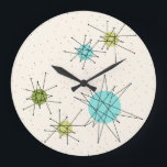 Iconic Atomic Starbursts Round Wall Clock<br><div class="desc">This Iconic Atomic Starbursts Round Acrylic Wall Clock pattern features iconic atomic starbursts. That’s right! The old school, cream colored background with gold speckles is the perfect backdrop for the vibrant turquoise, soothing celery, and kitschy pear green colored circles. The spots of color are sporadically placed in various sizes with...</div>