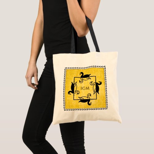 Iconic Black Swans Pattern Yellow Texture Monogram Tote Bag