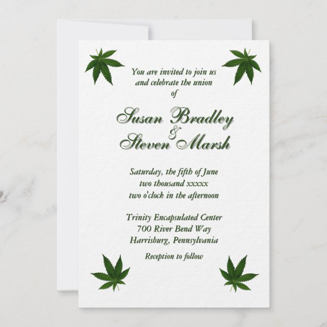Iconic Green Leaf on White Wedding Invitation (Front)