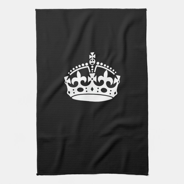 Iconic Keep Calm Crown on Black Kitchen Towel (Vertical)