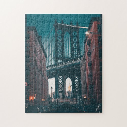 Iconic Manhattan Bridge Dumbo Urban Photo At Night Jigsaw Puzzle