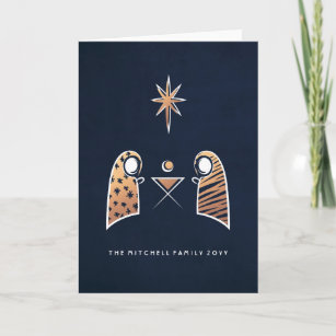 Iconic Nativity Scene Navy and Rose Gold Christmas Holiday Card