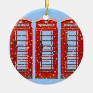 Iconic Red London Phone Boxes Pastel Snowflakes Ceramic Ornament