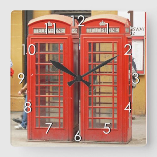 Iconic Red Telephone Boxes in London Square Wall Clock