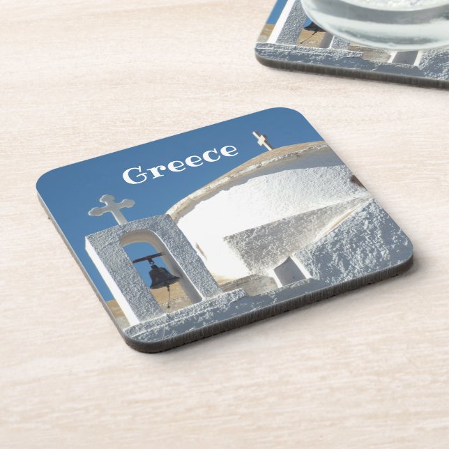 ICONIC ROUND WHITE CHURCH IN GREECE BEVERAGE COASTER (Left Side)