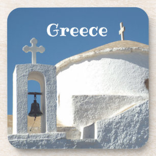 ICONIC ROUND WHITE CHURCH IN GREECE BEVERAGE COASTER