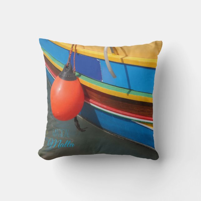 Iconic Striped Old Fishing Boats Malta Souvenir Throw Pillow (Front)