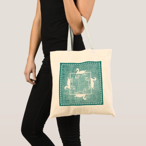 Iconic White Swans Pattern Aqua Texture Monogram Tote Bag