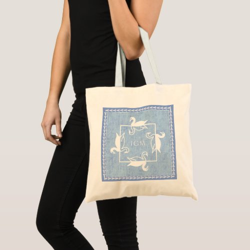 Iconic  White Swans Pattern Blue Texture Monogram Tote Bag