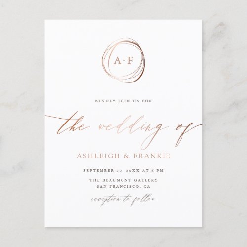 Iconoclassical Initials Bold Rose Gold Wedding Invitation Postcard