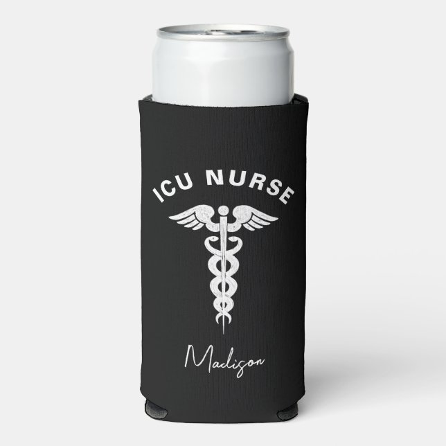 ICU Nurse Medical Caduceus Script Personalized Seltzer Can Cooler (Seltzer Front)