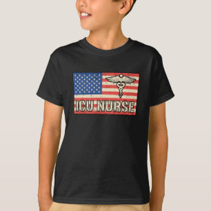 ICU Nurse Medicine Emergency American Flag Funny T-Shirt