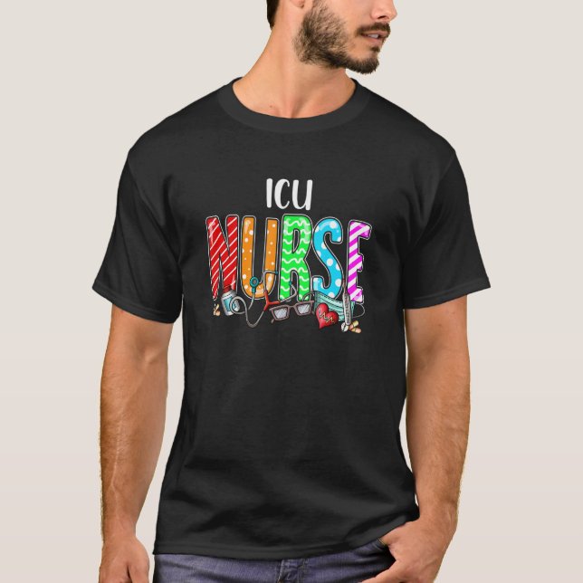 ICU Nurse Plaid Red Love Heart Stethoscope RN Nurs T-Shirt (Front)