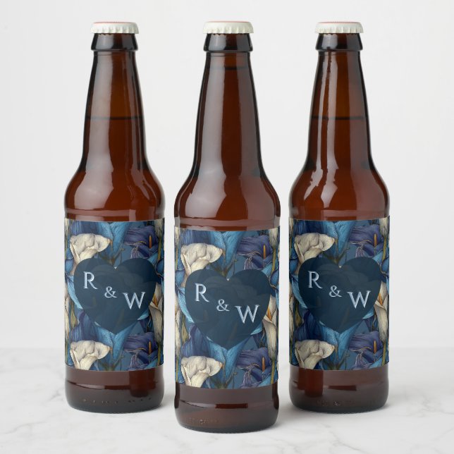 iCute Blue Calla Lilies Accent Botanical Wedding Beer Bottle Label (Bottles)