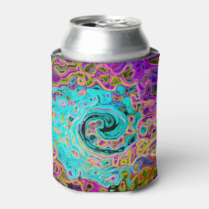 Icy Aqua Blue Groovy Abstract Retro Liquid Swirl Can Cooler