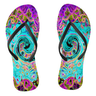 Icy Aqua Blue Groovy Abstract Retro Liquid Swirl Flip Flops