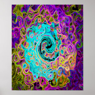 Icy Aqua Blue Groovy Abstract Retro Liquid Swirl Poster