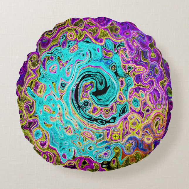 Icy Aqua Blue Groovy Abstract Retro Liquid Swirl Round Pillow (Front)