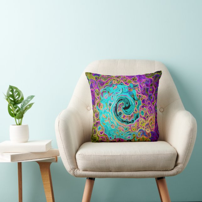Icy Aqua Blue Groovy Abstract Retro Liquid Swirl Throw Pillow (Chair)