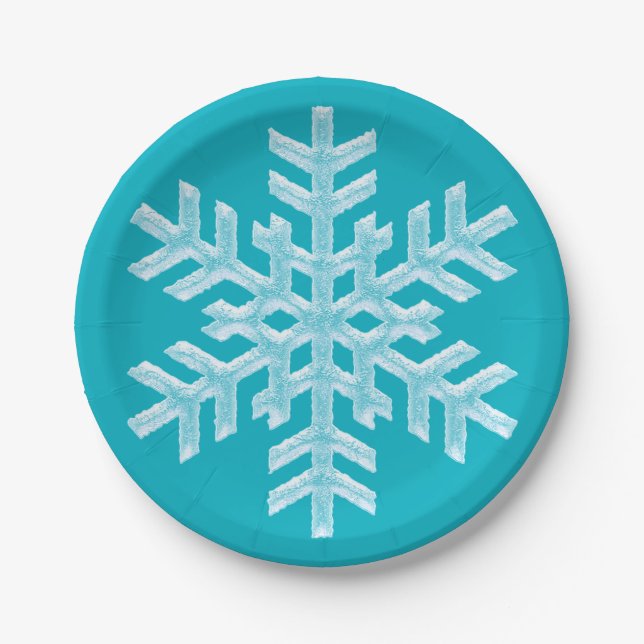 Icy Aqua Teal Frozen Snowflake Winter Christmas Paper Plates (Front)