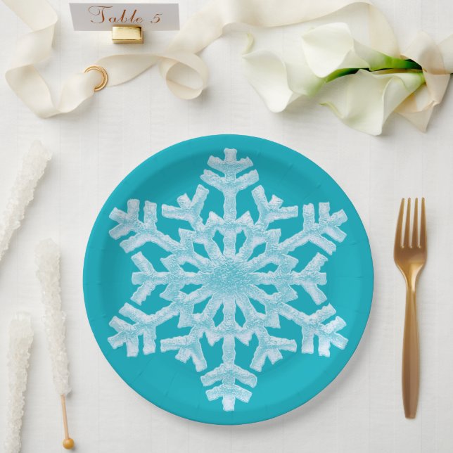 Icy Aqua Teal Frozen Snowflake Winter Christmas Paper Plates (Wedding)