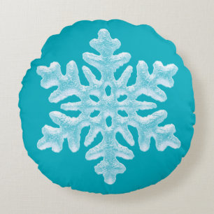Icy Aqua Teal Frozen Snowflake Winter Christmas Round Pillow
