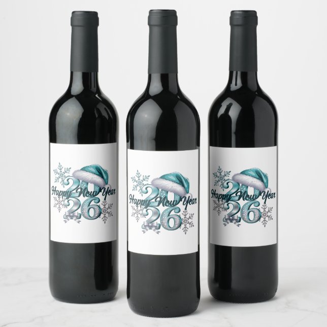 Icy Blue 2026 with Santa Hat and Snowflakes  Wine Label (Bottles)
