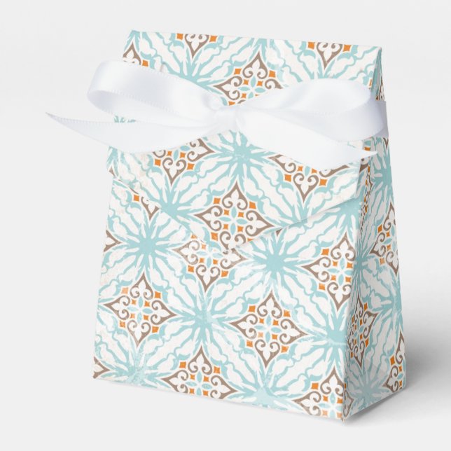 Icy Blue and Tan Damask Wedding Favor Boxes (Front Side)