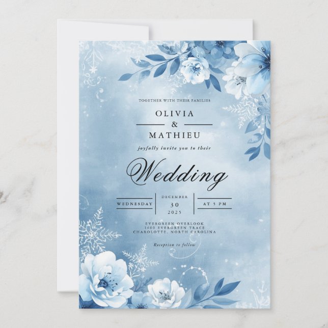Icy Blue Bloom Enchantment Wedding Invitation (Front)