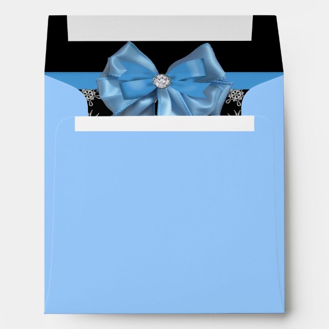 Icy Blue Bow On Black Winter Snowflakes Wedding Envelope (Back (Bottom))
