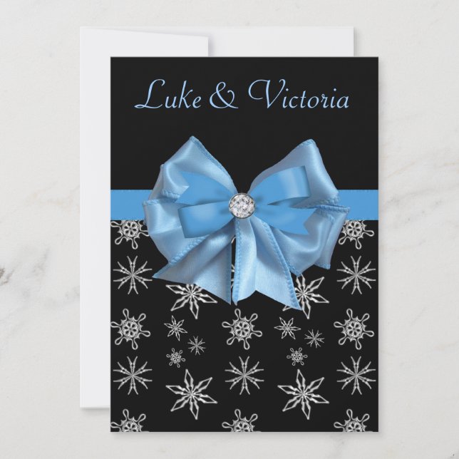 Icy Blue Bow On Black Winter Snowflakes Wedding Invitation (Front)